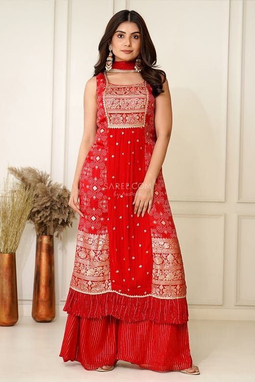 Red Georgette Bandhej Print Palazzo Suit with Weaving