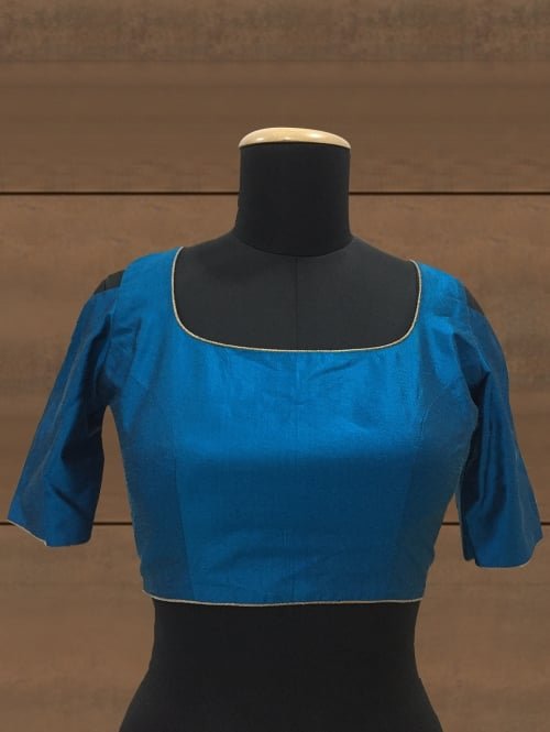 Teal Blue Silk Plain Blouse with Cold Shoulder Sleeves