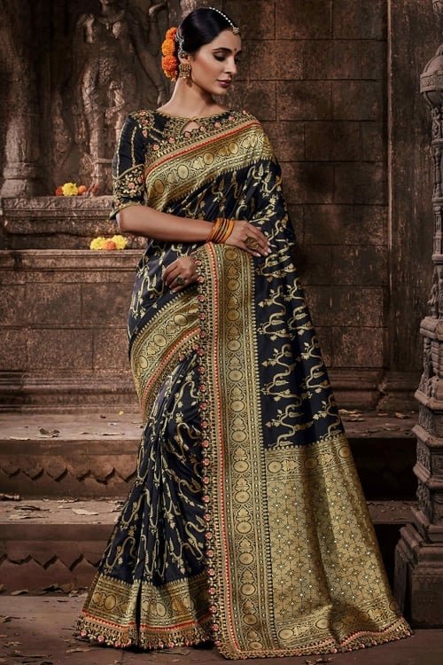 Black and Golden Silk Traditional All Over Woven Saree