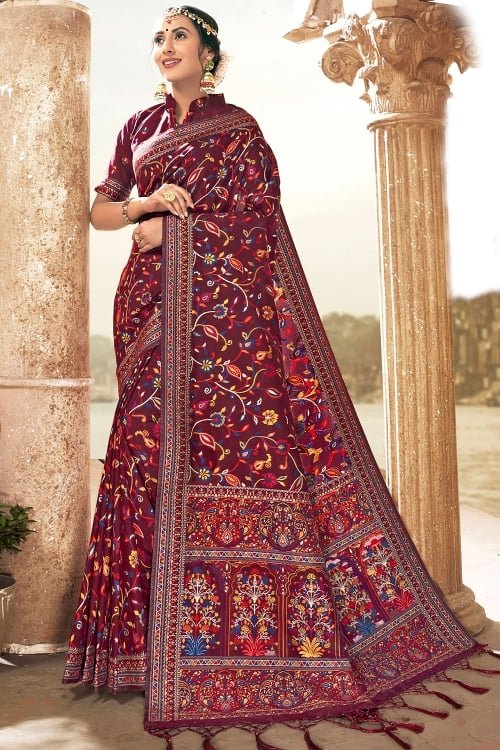 Maroon Silk All Over Woven Saree with Floral Motifs