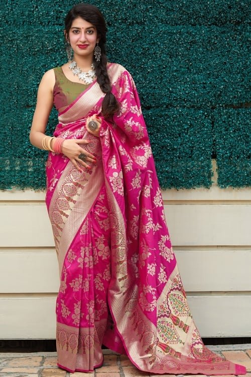 Rani Pink Silk Traditional All Over Floral Woven Saree