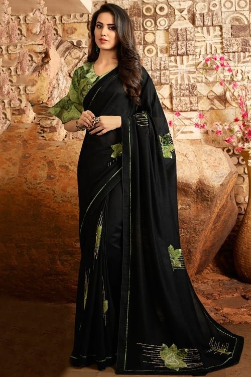 Black Georgette Silk Saree with Floral Patch Work