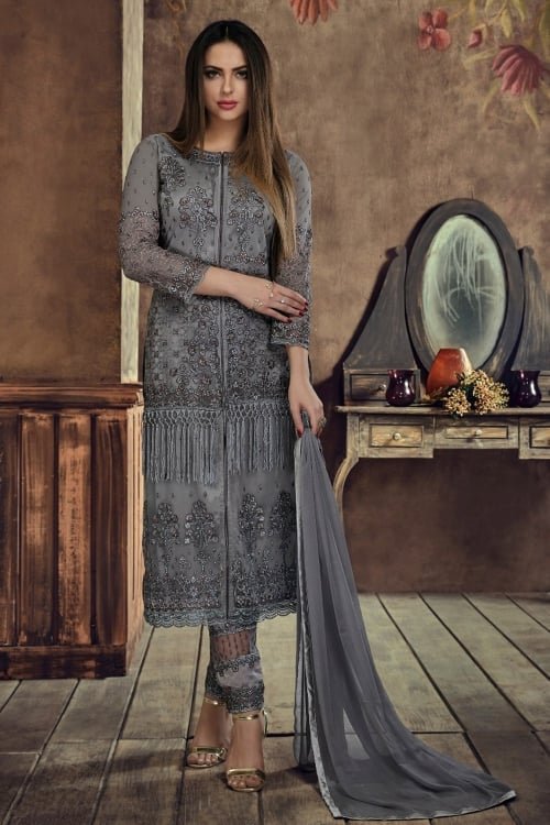 Steel Grey Net Pakistani Style Suit with Ethnic Pant