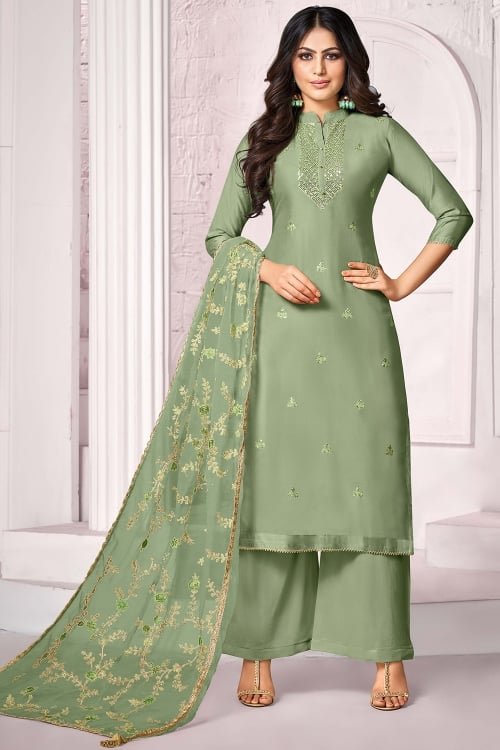 Green Cotton Embroidered Palazzo Suit