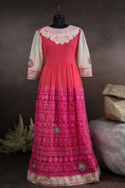 Pink Net Embroidered Anarkali Suit with Lucknowi Worked Dupatta