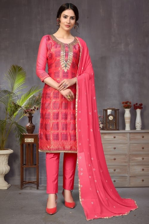 Coral Pink Banarasi Jacquard Printed Straight Cut Suit with Gota Patti Work