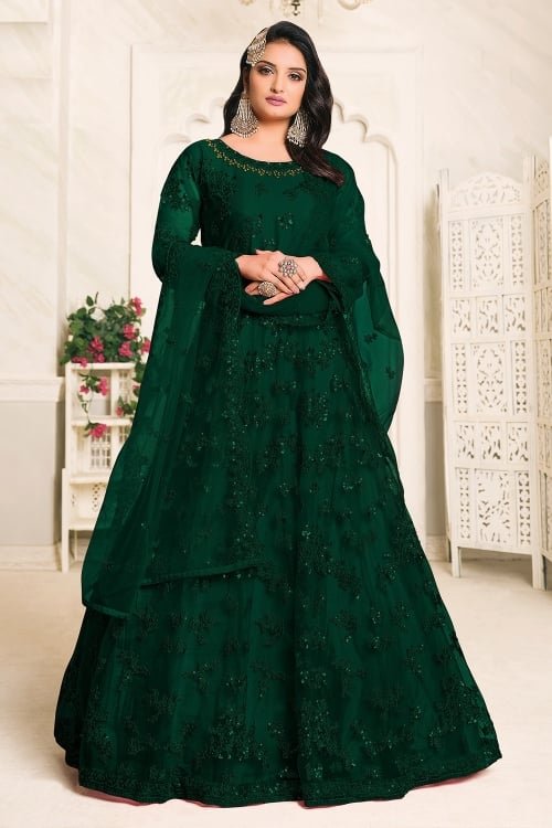 Green Net Embroidered Anarkali Suit with Sequins Work