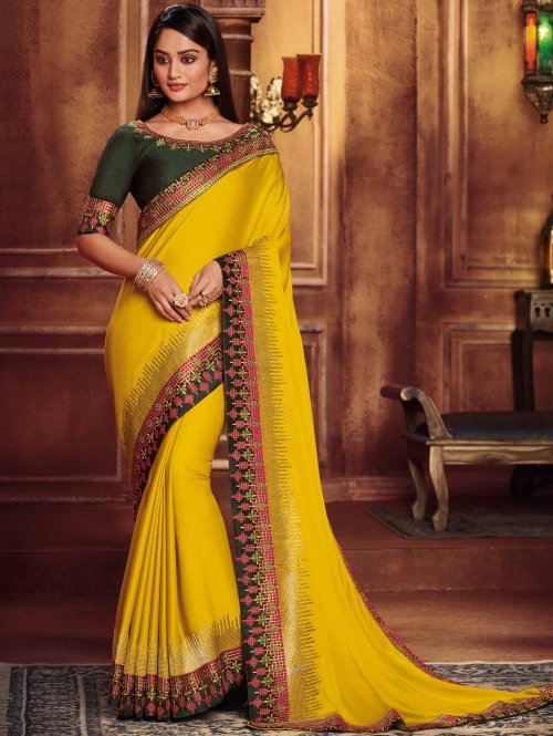 Yellow Silk Plain Saree with Embroidered Border