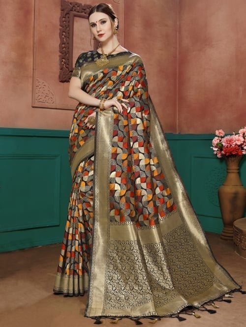 Black Banarasi Silk Geometric Woven Saree