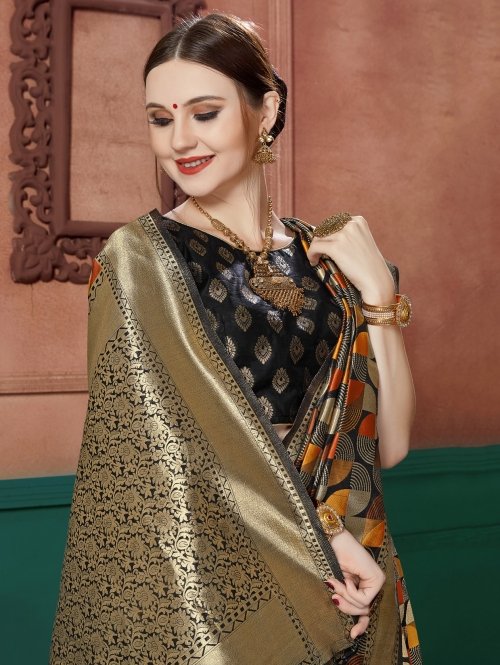 Black Banarasi Silk Geometric Woven Saree