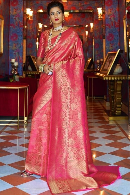 Rani Pink and Golden Silk Traditional Woven Saree
