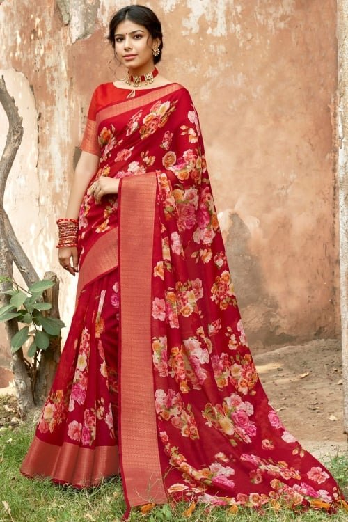 Red Cotton Floral Printed Saree