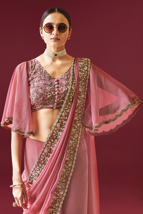 Pink Georgette Saree with Bell Sleeved Blouse