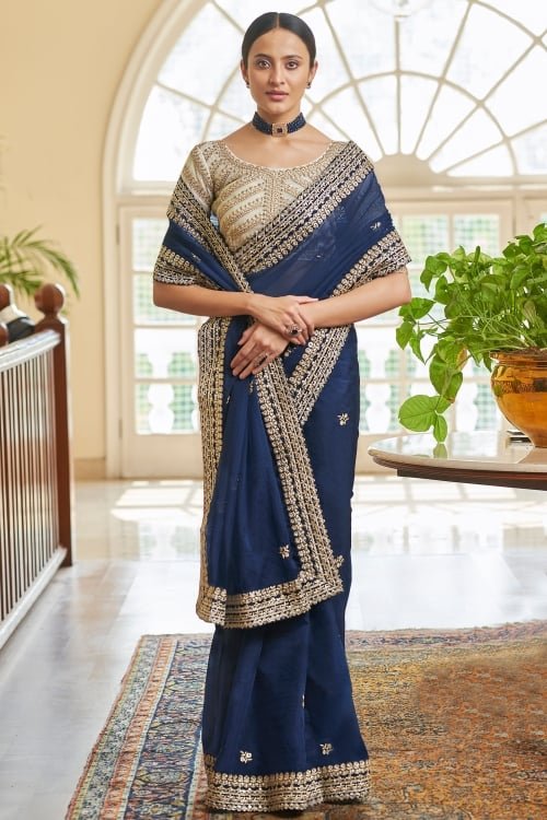 Blue Organza Saree with Embroidered Border
