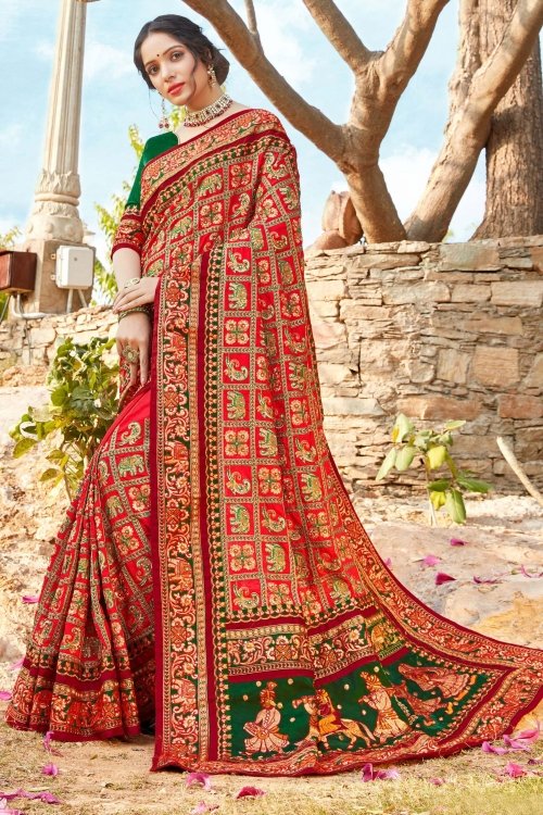 Red Satin Silk Checks Embroidered Saree