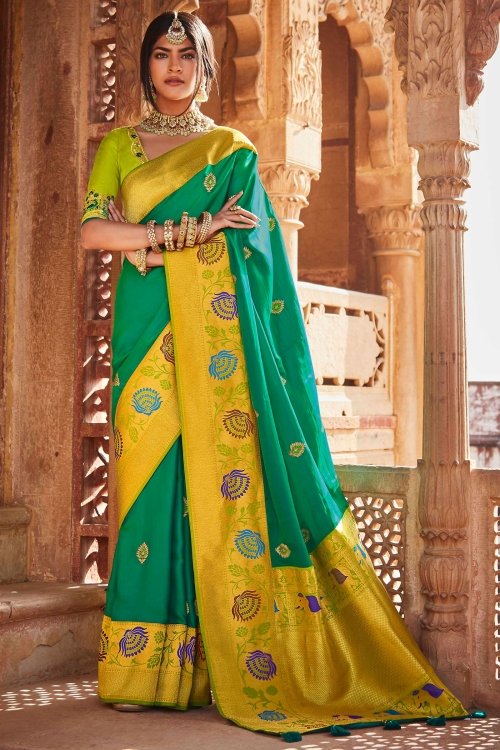 Green Silk Contrast Woven Bordered Saree