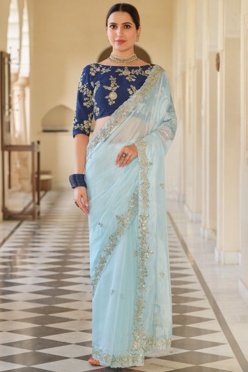Light Blue Organza Saree with Sequinned Border