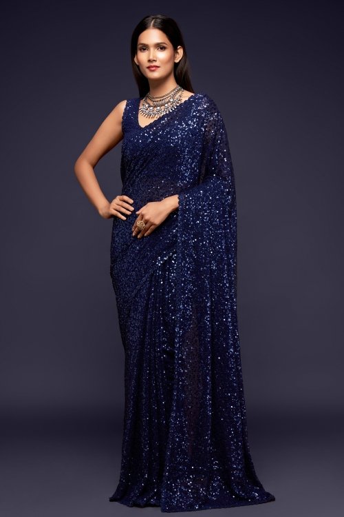 Space Blue Heavy Sequinned Saree in Georgette
