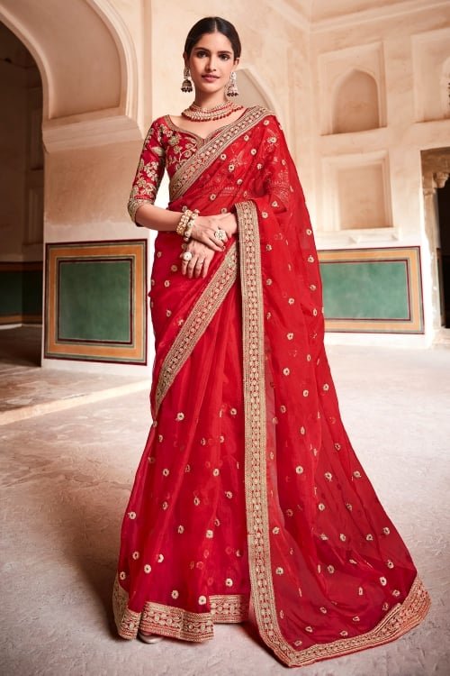 Red Organza Saree with Sequins Work