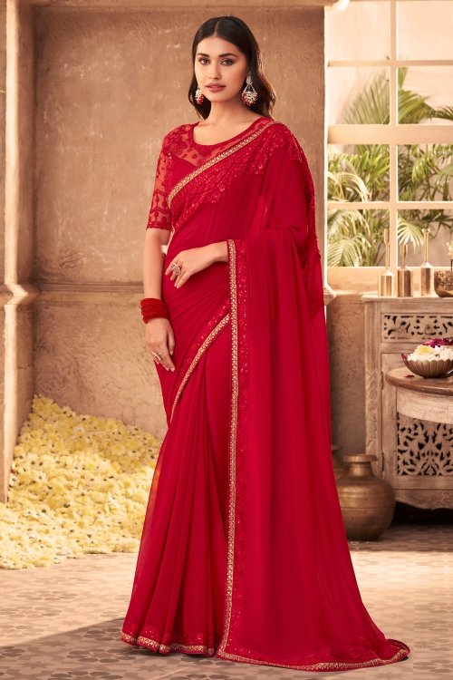 Red Georgette Saree with Embroidered Border