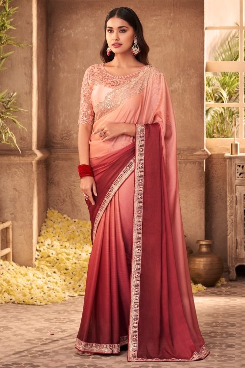Peach and Maroon Ombre Saree with Sequins Work
