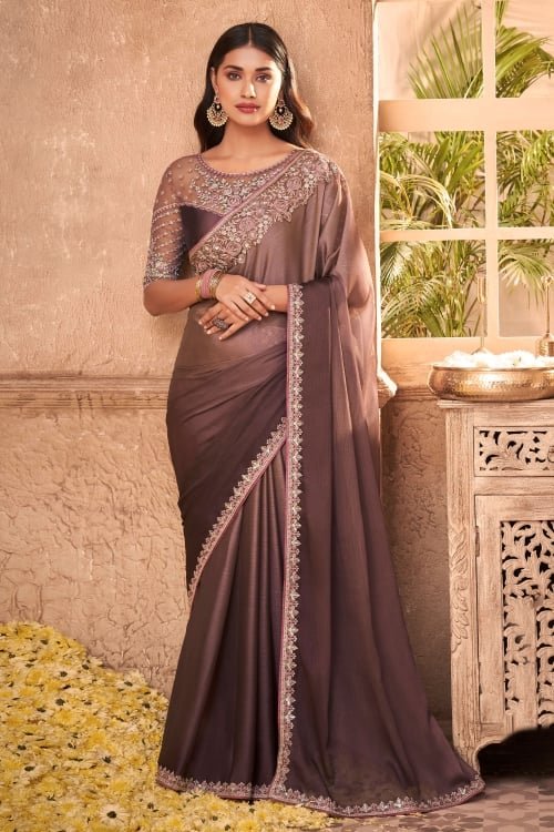 Brown Ombre Mulberry Silk Saree with Embroidery