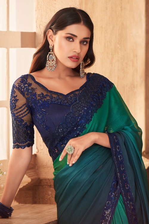 Blue and Green Ombre Mulberry Silk Saree