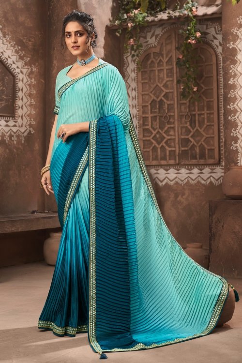 Ombre Chinon Heat Pleated Saree with Lace