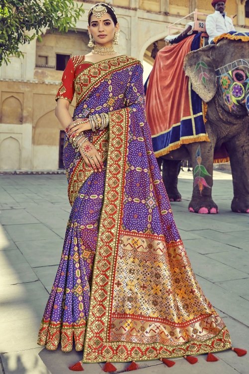 Blue Silk Bandhej Woven Saree with Golden Pallu