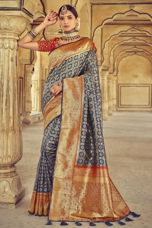 Blue and Golden Silk Traditional Checks Woven Saree