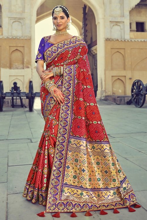 Red Silk Bandhej Woven Saree with Golden Pallu