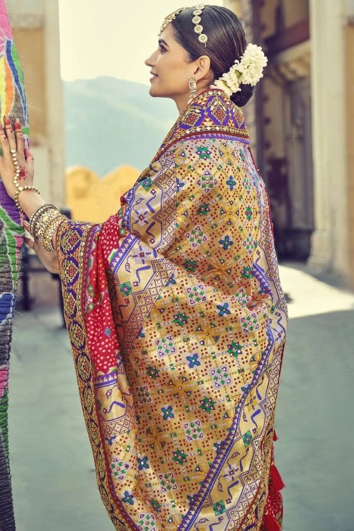 Red Silk Bandhej Woven Saree with Golden Pallu