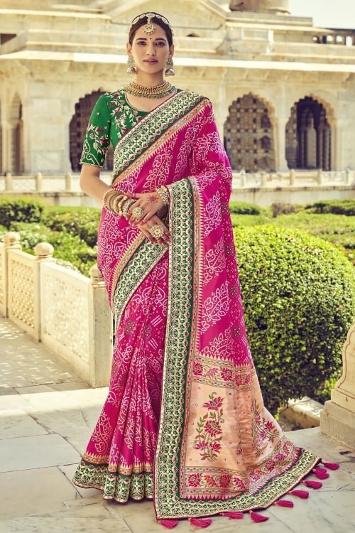 Pink Silk Bandhej Woven Saree
