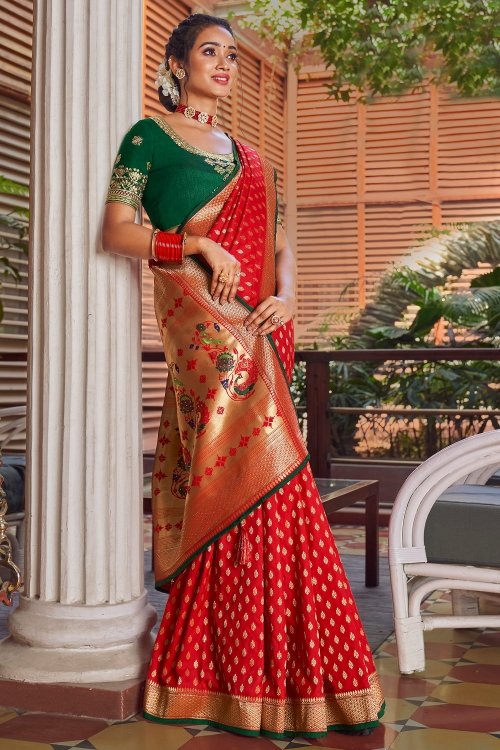 Red Silk Traditional Woven Saree with Paithani Pallu