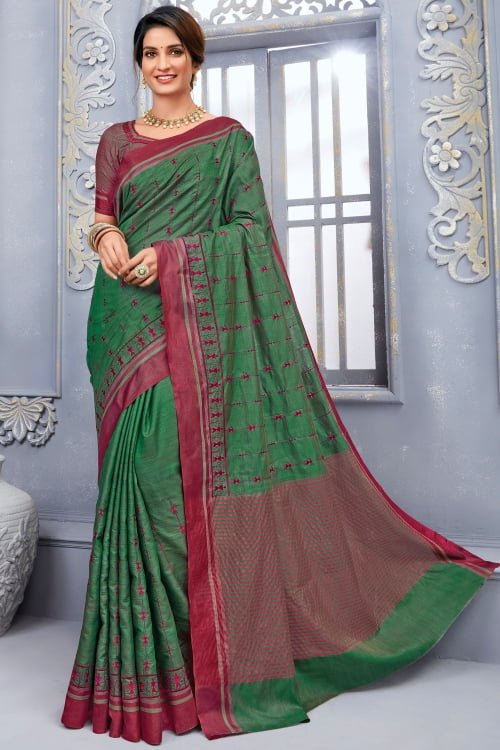 Green Tussar Silk Embroidered Saree
