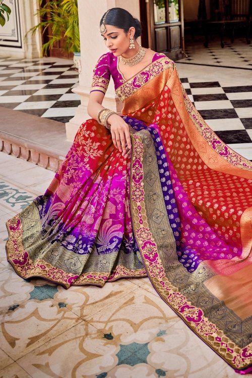 Red and Multi Colored Banarasi Silk Woven Saree