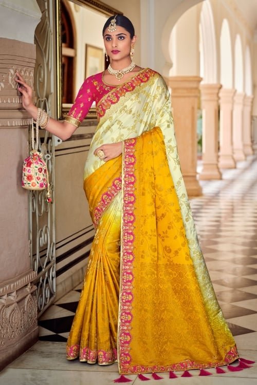 Cream and Yellow Banarasi Silk Woven Saree