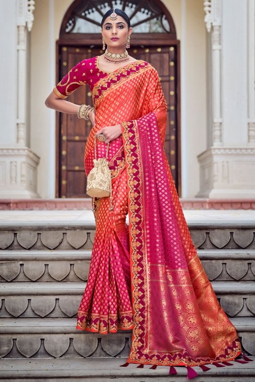 Orange and Pink Banarasi Silk Traditional Woven Saree