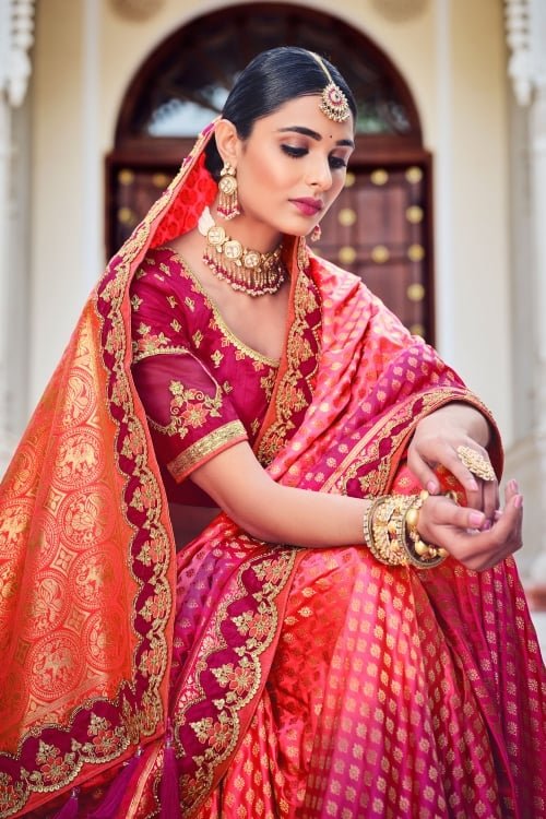 Orange and Pink Banarasi Silk Traditional Woven Saree