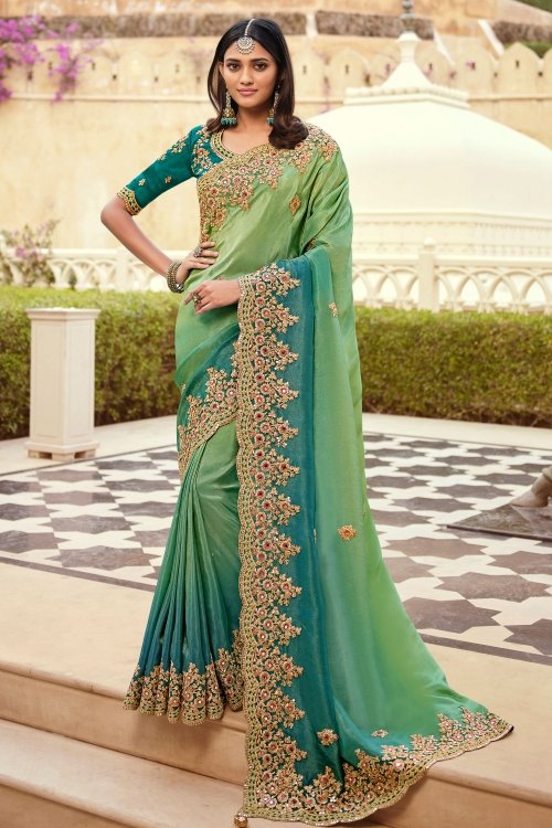 Green and Blue Shaded Viscose Embroidered Saree