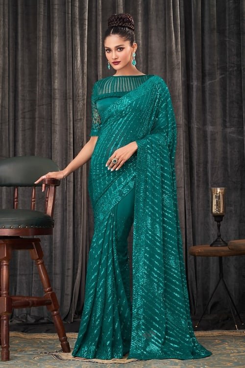 Teal Green Georgette All Over Sequins Work Saree