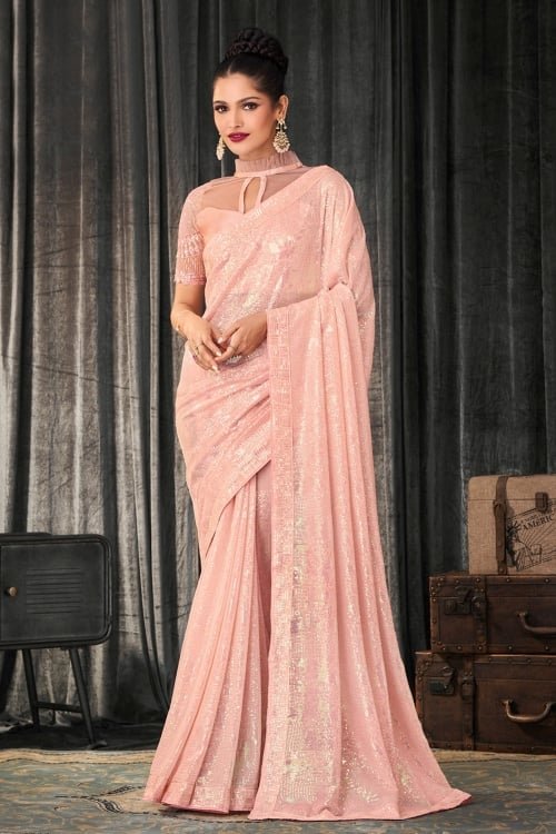 Peach Georgette Saree with Sequins