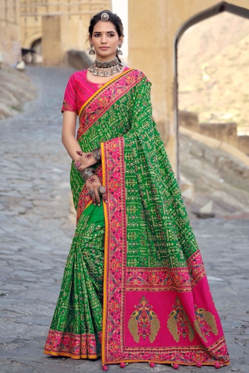 Green Banarasi Silk Traditional Kachchi Worked Saree