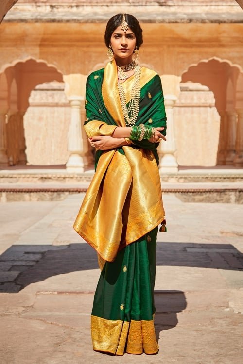 Dark Green Silk Saree with Contrast Border and Pallu