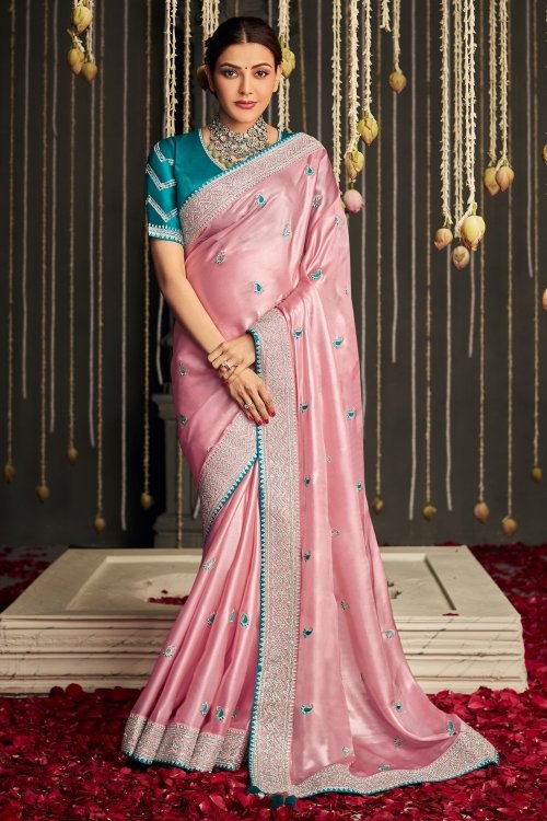Kajal Aggarwal Light Pink Art Silk Saree with Embroidery