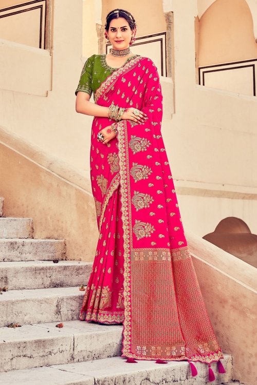 Pink Art Silk Saree with Floral and Paisley Motifs