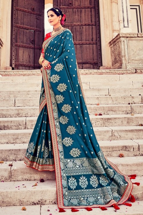 Rama Blue Art Silk Woven Saree