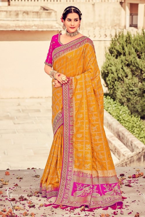 Yellow Art Silk Saree with Floral and Paisley Motifs