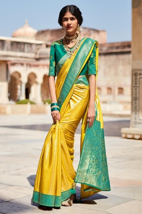Yellow Silk Traditional Saree with Floral Woven Motifs Pallu