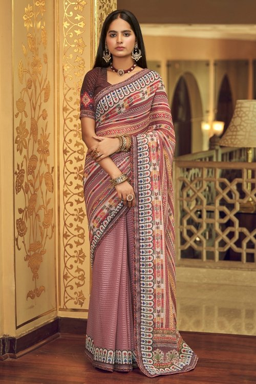 Multi Colored and Pink Georgette Printed Saree